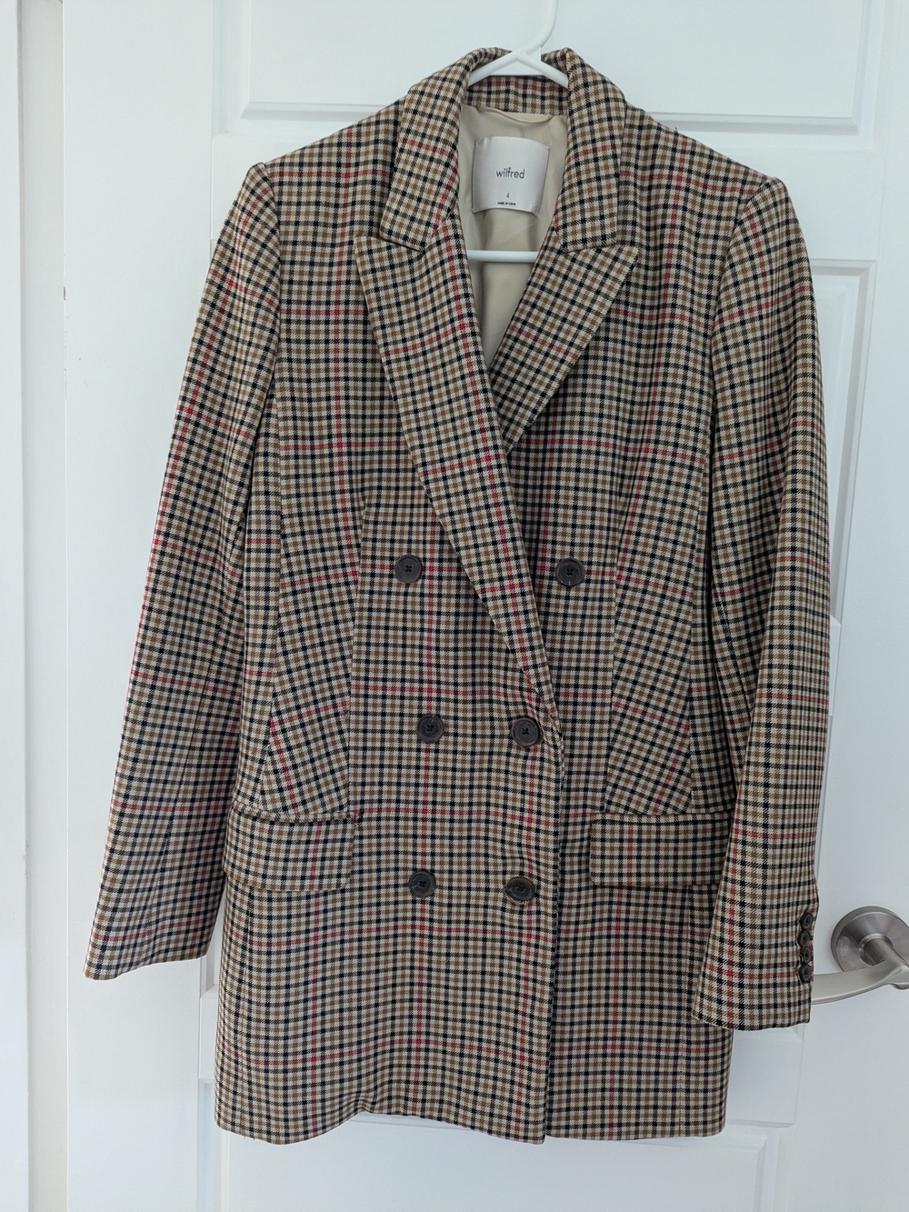 Wilfred Tan Plaid Double-Breasted Blazer Jacket